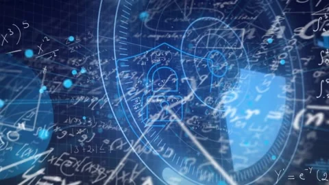 Animation of math formulas and graphs over processing circle and digital padlock Stock Footage 328588006