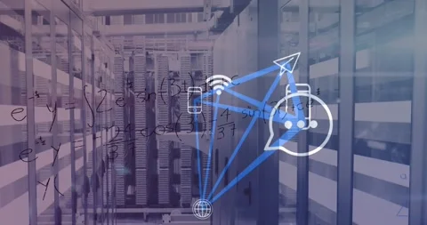 Animation of math formulas and smartphone icons over servers Stock Footage 202342466