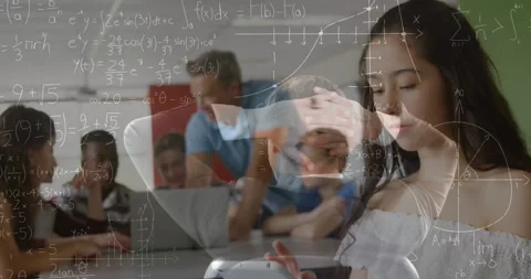 Animation of math formulas moving over girl using smartphone at school Stock Footage 327002614