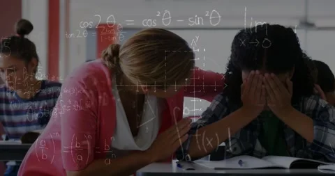 Animation of math formulas moving over caucasian female teacher supporting Stock Footage 328243234