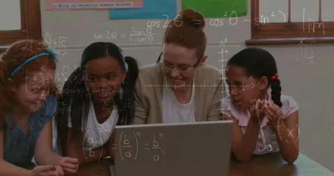 Animation of math formulas moving over diverse female teacher and pupils working Stock Footage 329695261