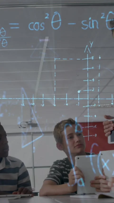Animation of math formulas moving over diverse male teacher and pupils working Stock Footage 342706907