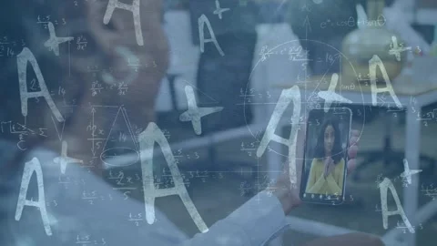 Animation of math formulas over afrcian american woman having video call on Video stock 328354094