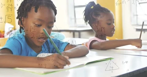 Animation of math formulas over african american pupils learning at school Stock Footage 327445438