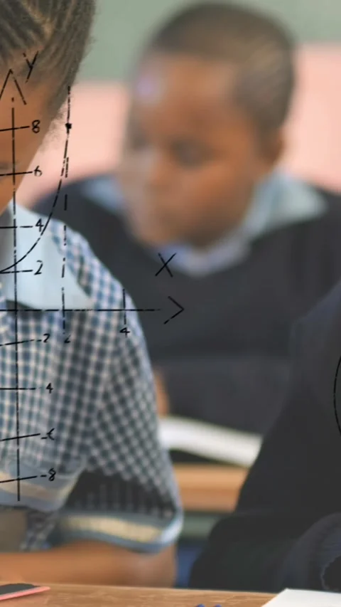 Animation of math formulas over african american pupils learning at school Stock Footage 344369434