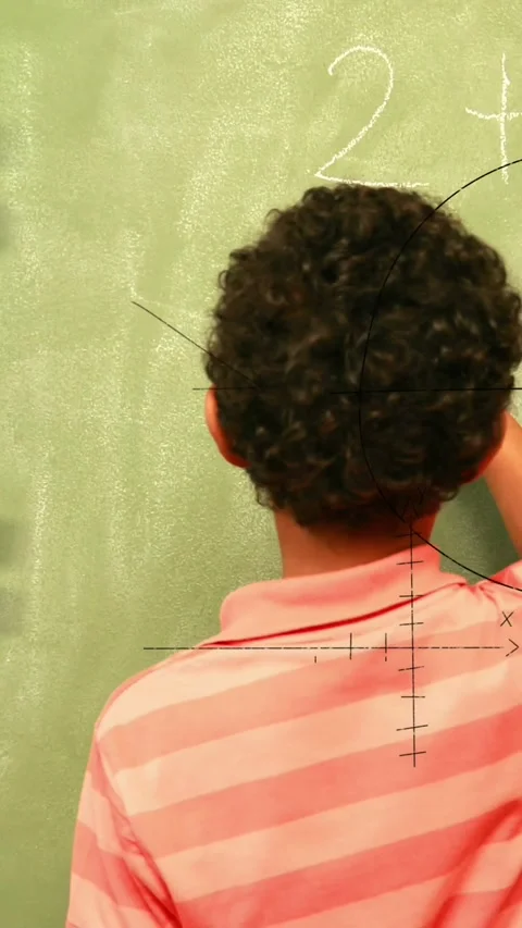 Animation of math formulas over back view of boy writing on black board Stock Footage 343127751