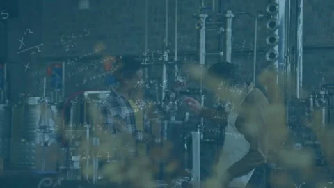 Animation of math formulas over diverse factory workers Video stock 326759906