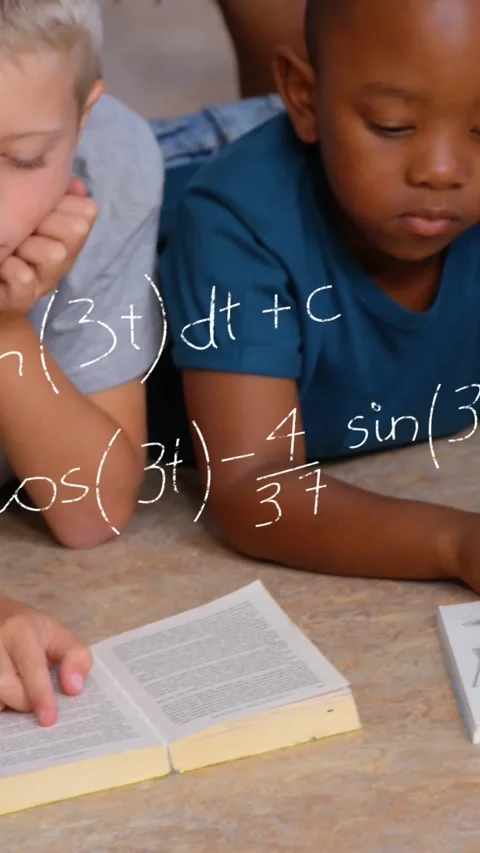 Animation of math formulas over diverse children reading books at school Stock Footage 343127767