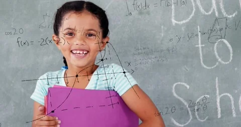 Animation of math formulas over happy girl holding books Stock Footage 327585815