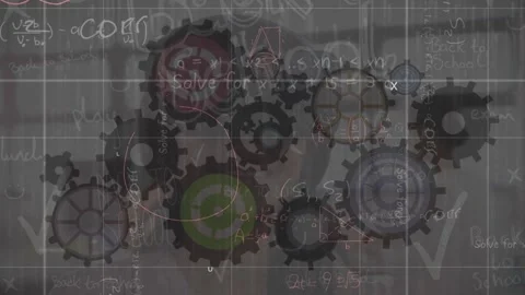 Animation of math formulas over rotating cogs Stock Footage 328004783
