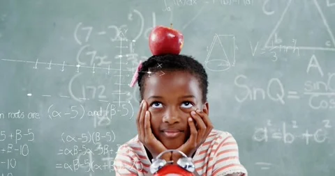 Animation of math formulas over thoughtful african americna girl with apple over Stock Footage 327956121