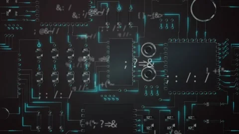 Animation of math symbols over integrated circuit on black background Stock Footage 330114825