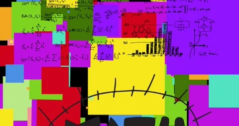 Animation of math text and mathematical equations over colorful squares on black Stock Footage 330661682