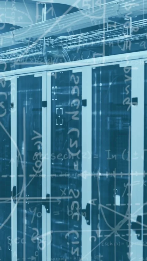 Animation of mathematical data and tech room with computer servers Stock Footage 343079563