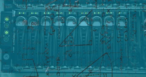 Animation of mathematical data over close up of flashing lights of computer Video stock 147627444