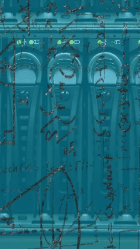 Animation of mathematical data over close up of flashing lights of computer 動画素材 343079599