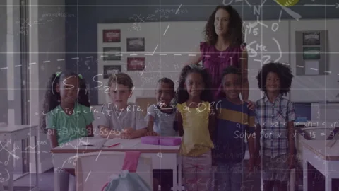 Animation of mathematical data over diverse schoolchildren and female teacher in Video stock 310156251