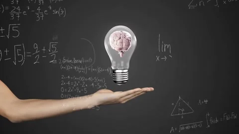 Animation of mathematical data processing over human brain in lightbulb over Stock Footage 325774689