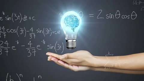 Animation of mathematical data processing over human brain in lightbulb over Stock Footage 327783610