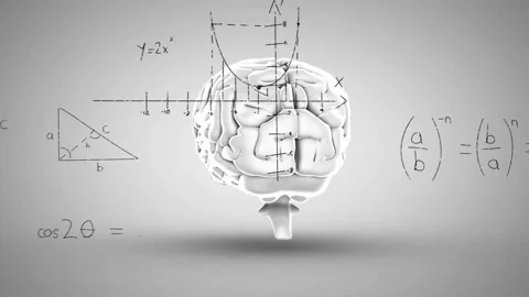 Animation of mathematical data processing over human brain on grey background Stock Footage 329517982