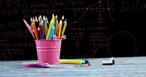 Animation of mathematical data processing over school items Stock Footage 330251315