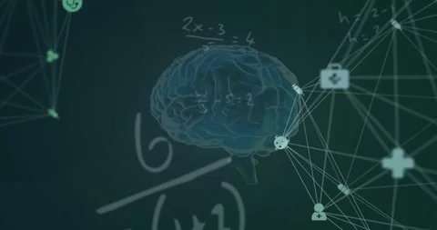 Animation of mathematical data processing over human brain and globe with Stock Footage 330662300