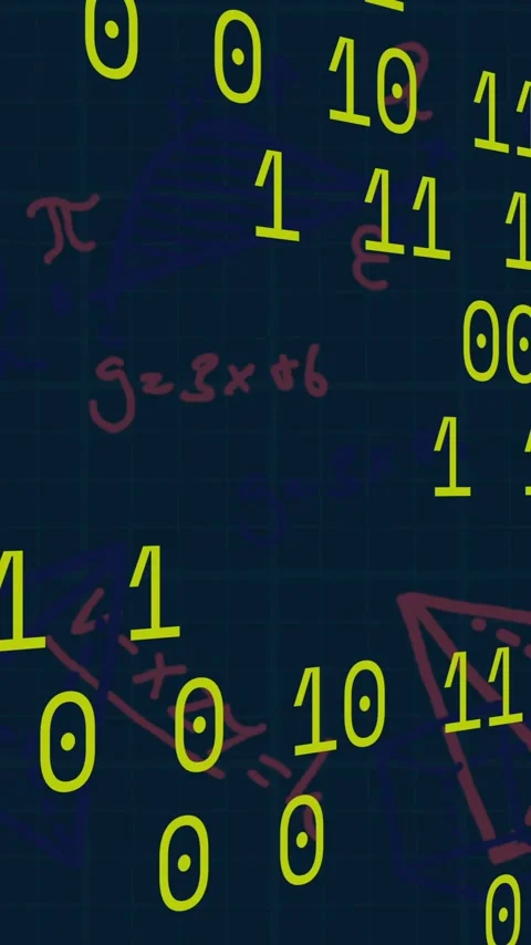 Animation of mathematical data processing over binary coding on dark background Stockbeeldmateriaal 344244193