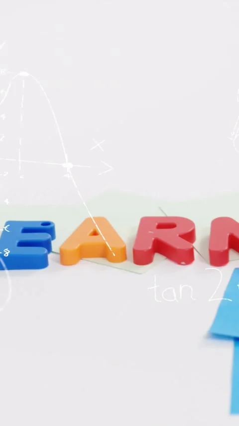 Animation of mathematical data processing over school items Stock Footage 344765875