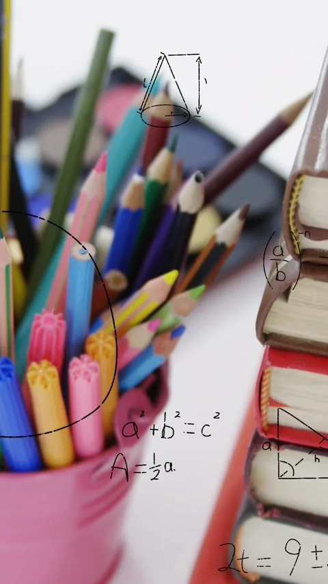 Animation of mathematical data processing over school items Stock Footage 344765878