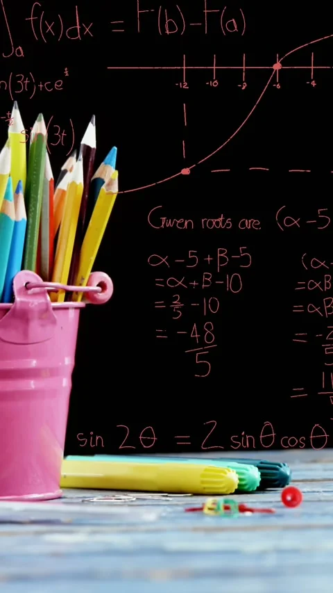 Animation of mathematical data processing over school items Stock Footage 344774784