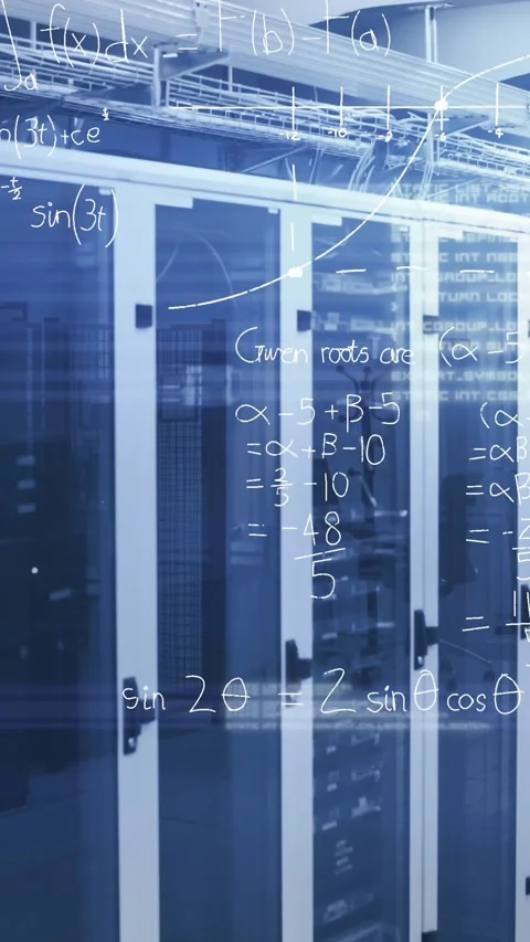 Animation of mathematical equation and diagrams over server racks in server room Stock Footage 344370141
