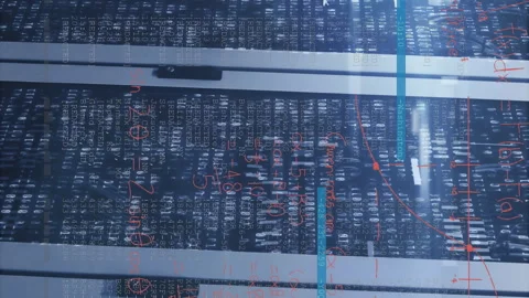 Animation of mathematical equation and lines over binary codes on data server Stock Footage 312325517