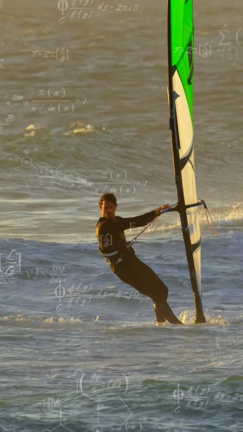 Animation of mathematical equation over man sailing on boat in ocean Stock Footage 344614469