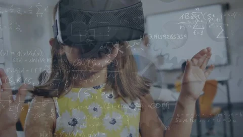 Animation of mathematical equations and cogs over caucasian schoolgirl using vr Stock Footage 328082156