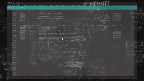 Animation of mathematical equations and computer code on dark chalkboard in Stock Footage 305080653