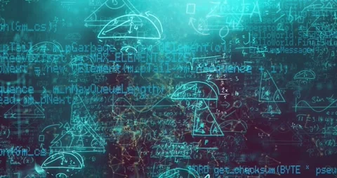 Animation of mathematical equations and computer language over connected dots in Stock Footage 326100631