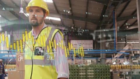 Animation of mathematical equations and data over caucasian male worker walking Stockbeeldmateriaal 309903116