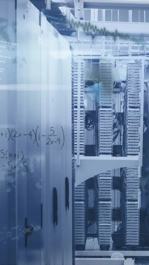 Animation of mathematical equations and data processing against computer server Stock Footage 322034527