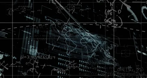 Animation of mathematical equations and data processing over world map Stock Footage 329365121