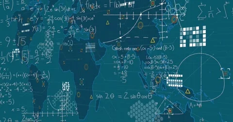Animation of mathematical equations and data processing over world map Stock Footage 330296794