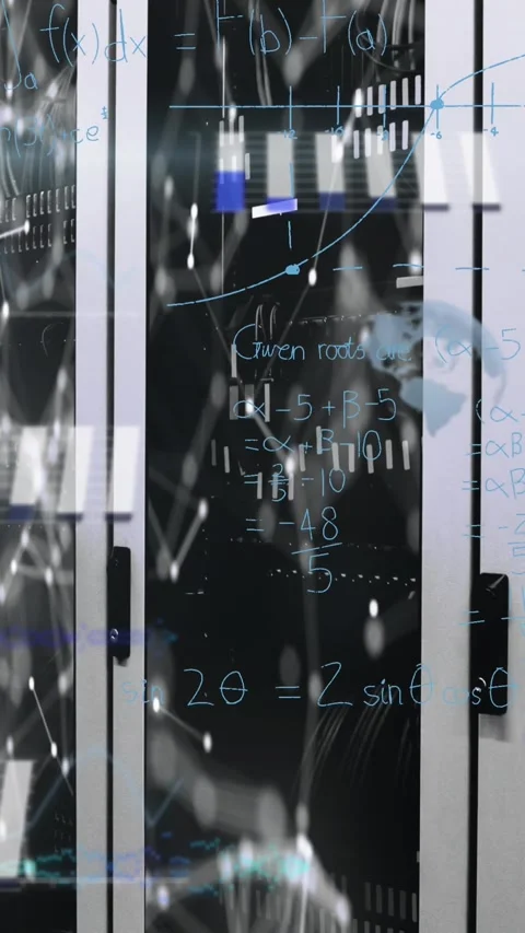 Animation of mathematical equations and data processing against computer server Stock Footage 341976526