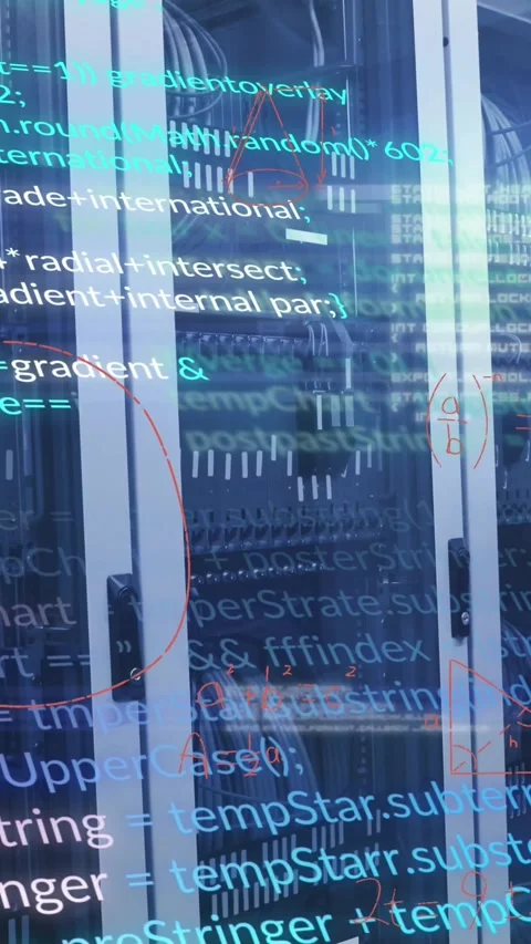 Animation of mathematical equations and data processing over computer servers Stock Footage 342612616
