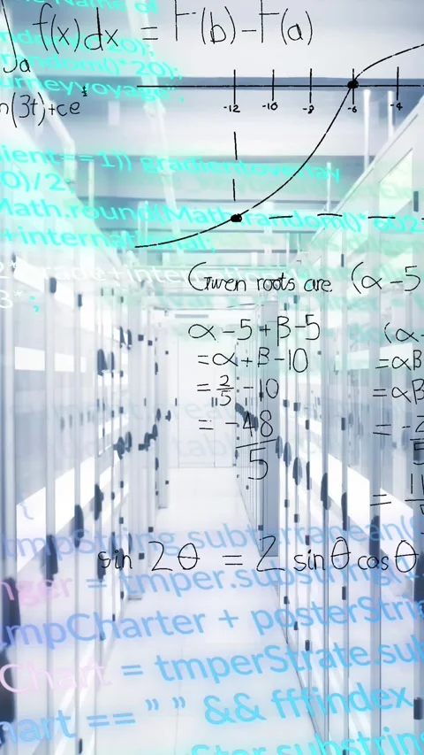 Animation of mathematical equations and data processing over computer servers Stock Footage 342650640