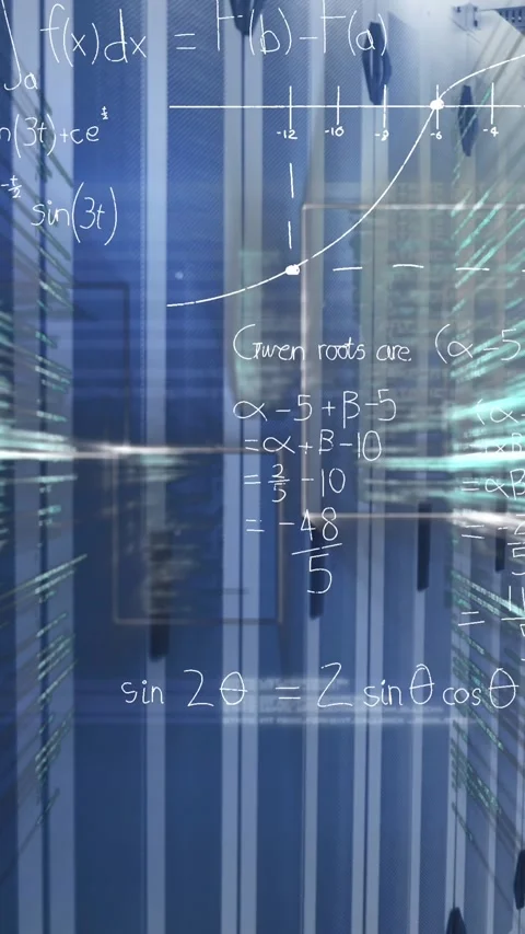 Animation of mathematical equations and data processing over computer servers Stock Footage 343644523