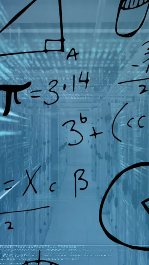 Animation of mathematical equations and data processing against computer server Stock Footage 344284023