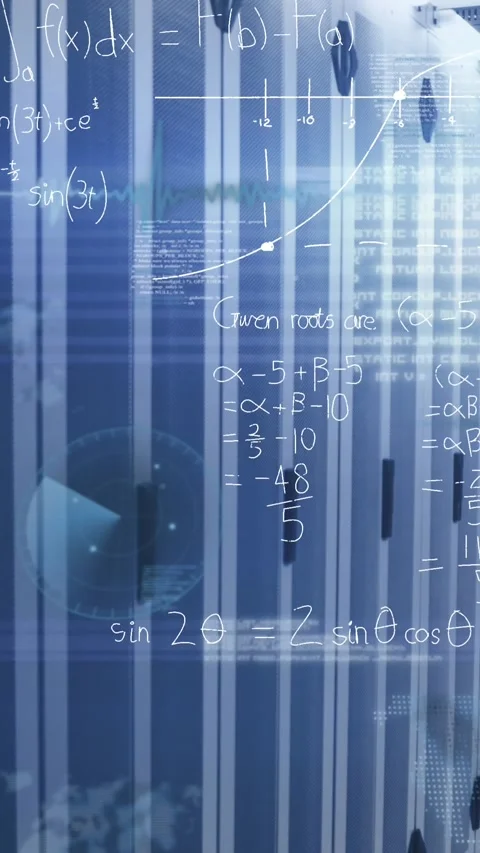 Animation of mathematical equations and data processing over server room Stock Footage 344722668