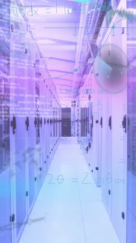 Animation of mathematical equations and data processing over server room Видео 344722670