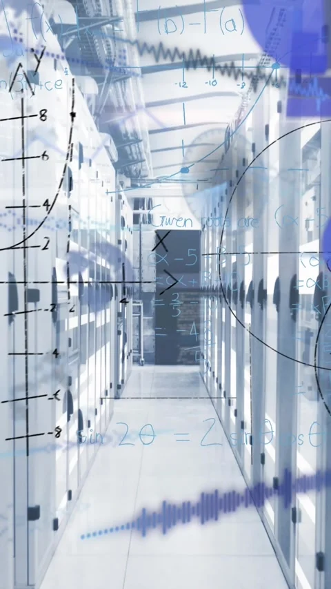 Animation of mathematical equations and data processing over server room Видео 344774551