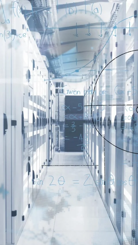 Animation of mathematical equations and data processing over server room Stock Footage 344783084