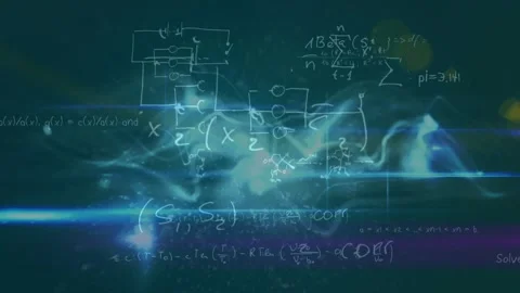 Animation of mathematical equations and diagrams over illuminated waves pattern Stock Footage 328357874